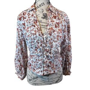 Anthropologie Long Sleeve Floral Smocked Button Front Blouse Size S Cottage
